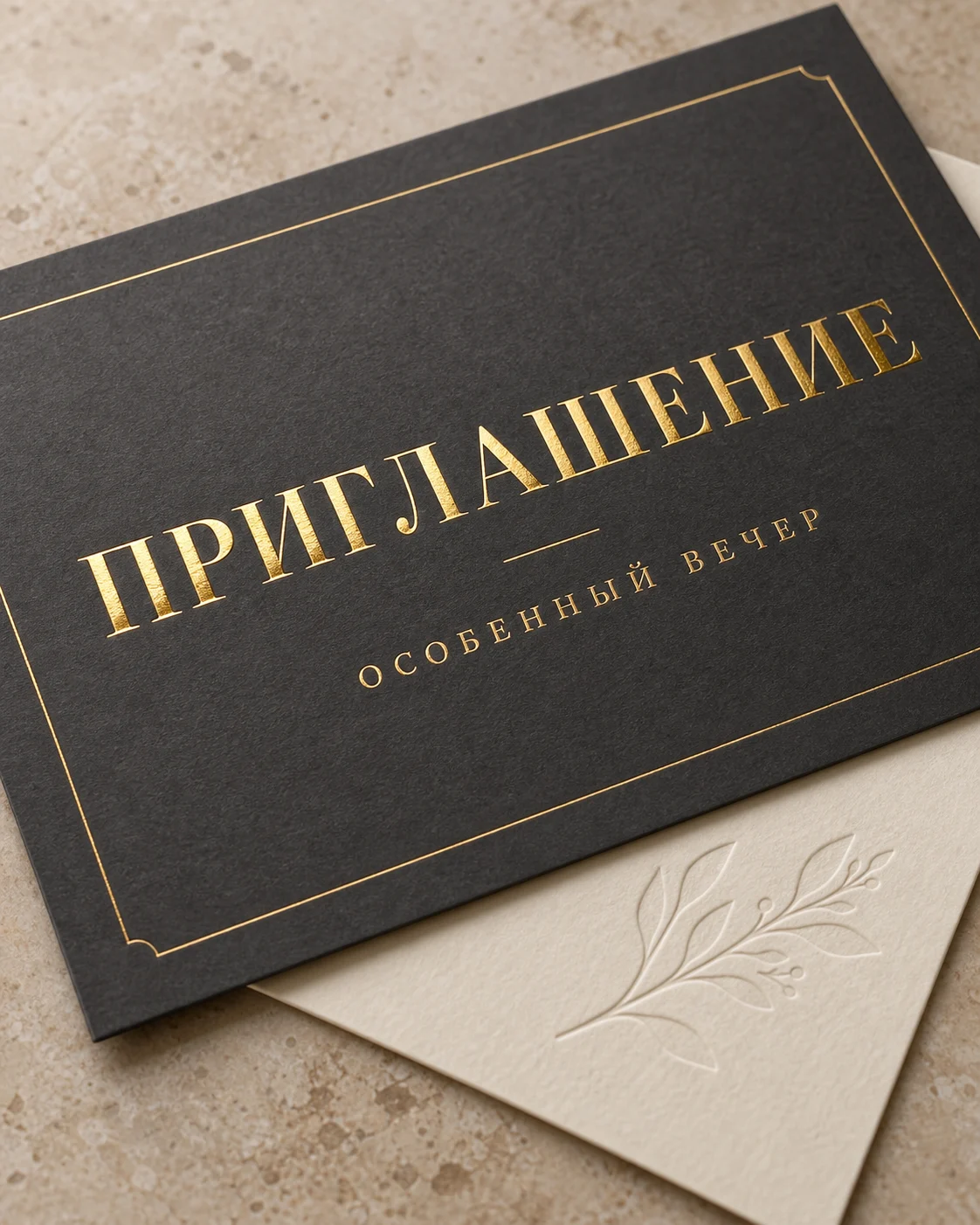 ПЕЧАТЬ32: Тиснение и фольгирование — образец смежной услуги, кадр 4; Золотая надпись на тёмном приглашении и рельефный узор на, получение в Орле, страница «Приглашения»