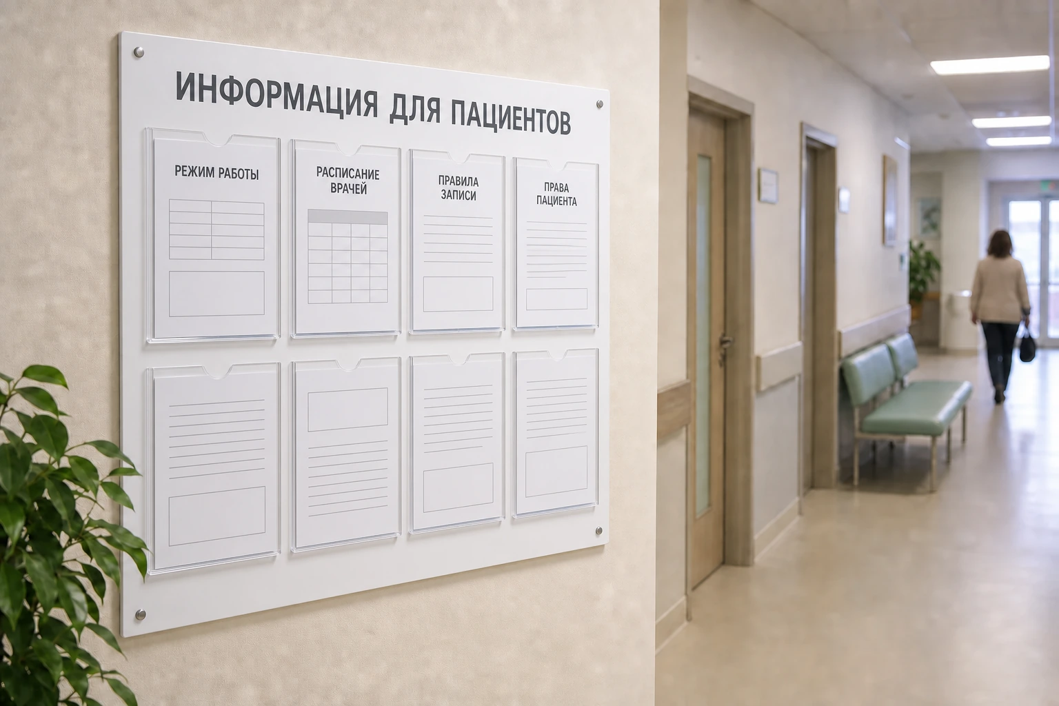 Стенд «Информация для пациентов» с расписанием и памятками в коридоре клиники; для заказа в Орле