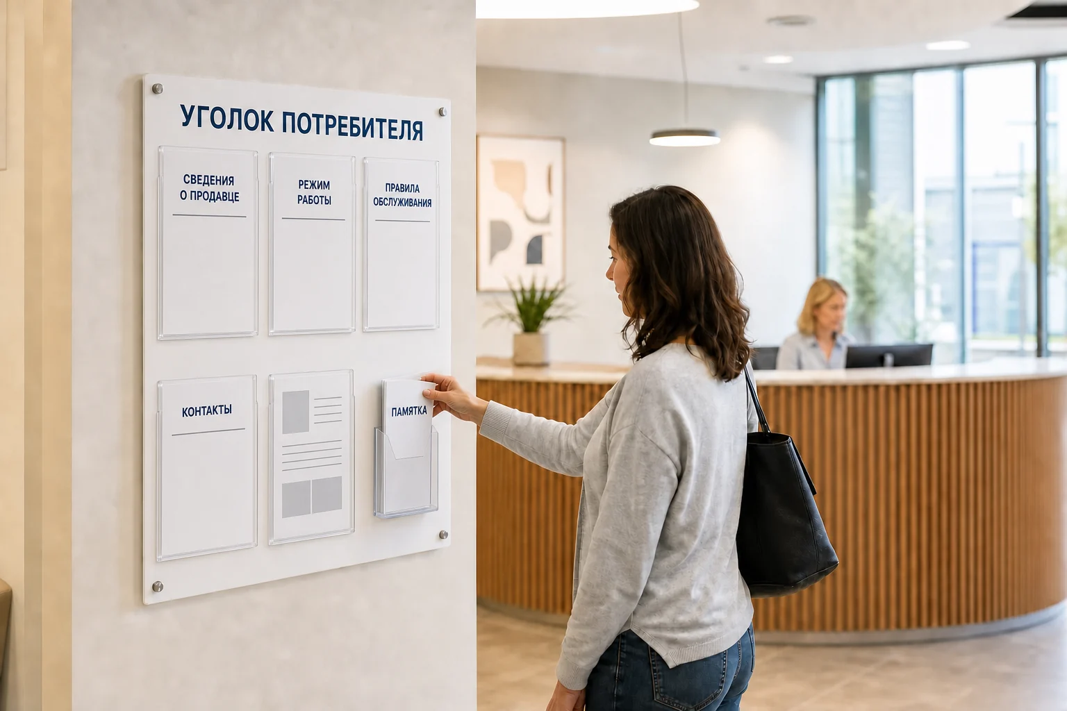 Информационные стенды — фотография в каталоге услуг, кадр 1; Покупатель берёт памятку из стенда «Уголок потребителя», ПЕЧАТЬ32, заказ с получением в Орле, «Наружная и интерьерная реклама»