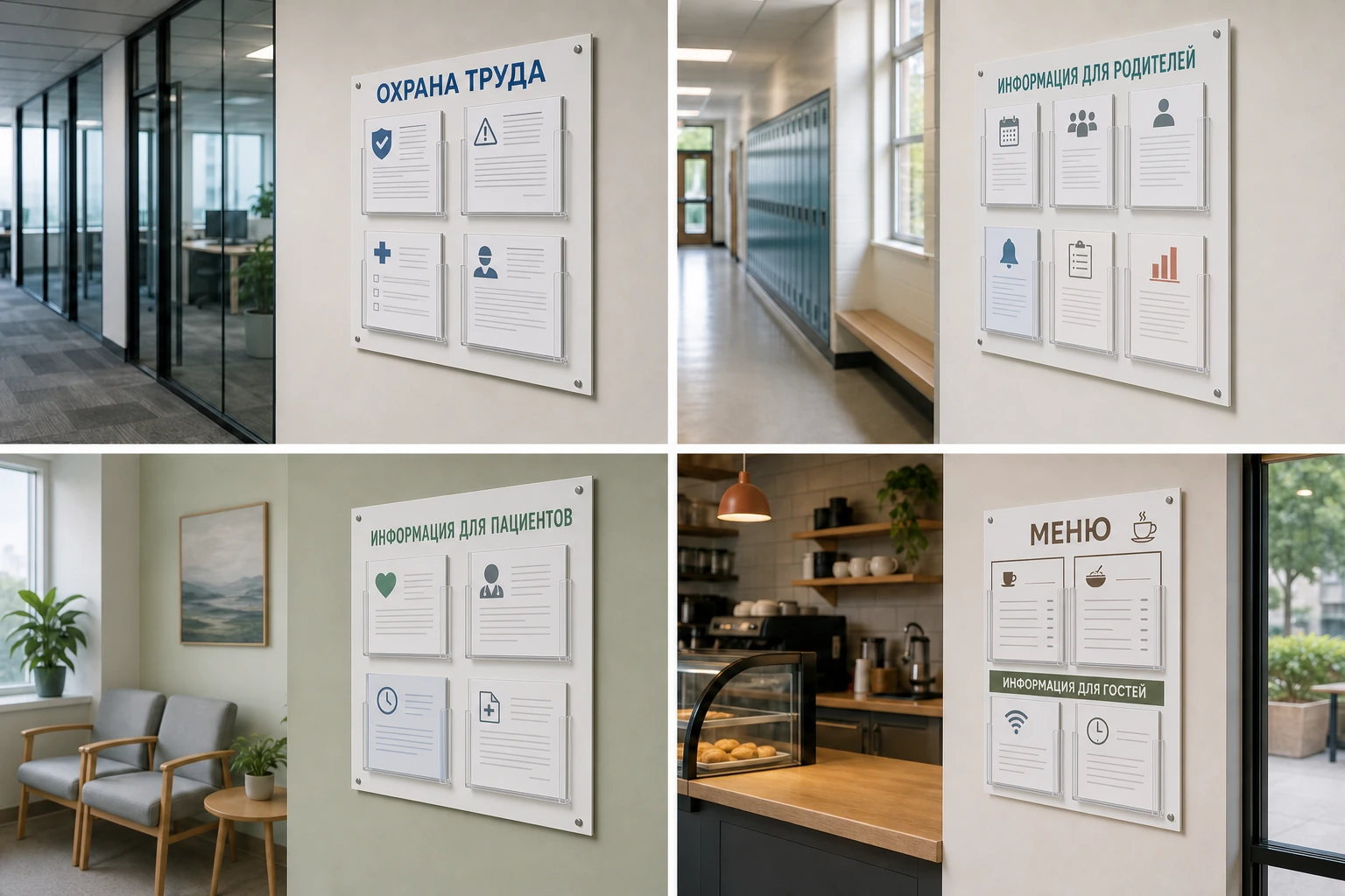 Стенды «Охрана труда», «Информация для родителей», «Информация для пациентов» и «Меню»; для заказа в Орле