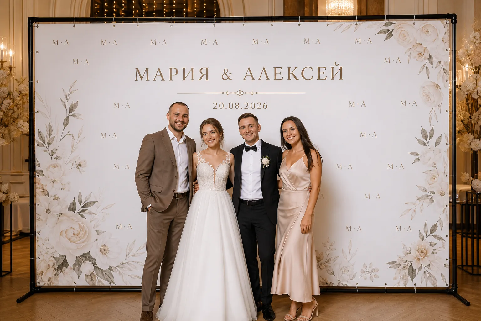 Гости у прямоугольного свадебного Press Wall; для заказа в Орле