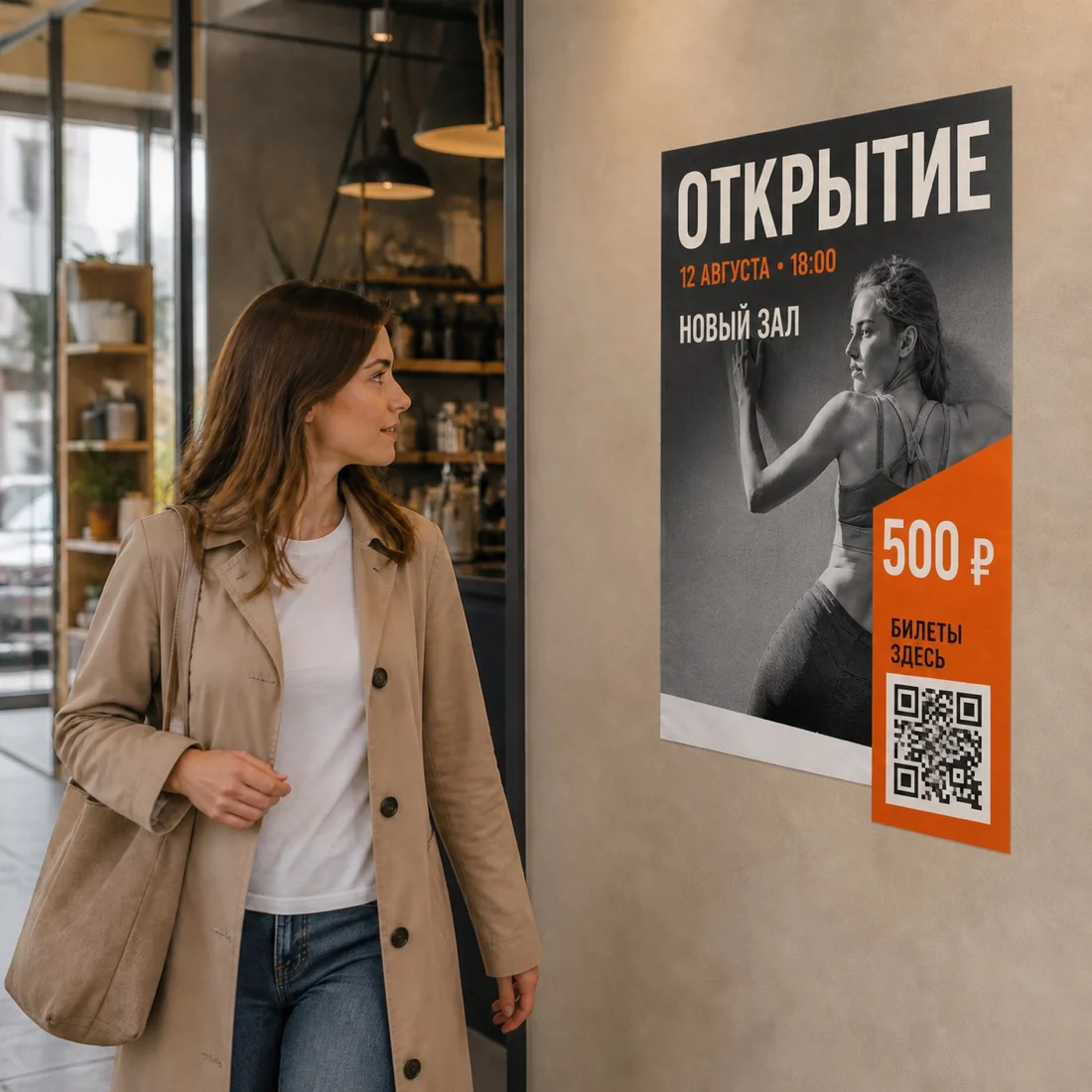 Прохожая замечает бумажный плакат с событием, датой, ценой и QR-кодом; для заказа в Орле