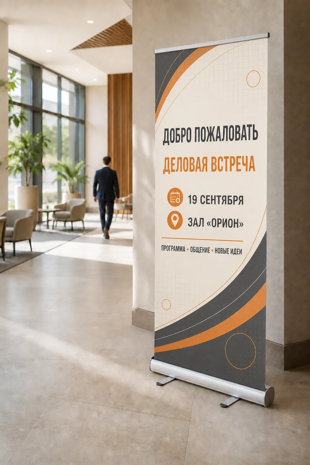 Заказать roll-up стенды: Roll-up с насыщенным русским макетом в лобби делового центра; образец смежной услуги, кадр 1, получение в Орле, «Штендеры»