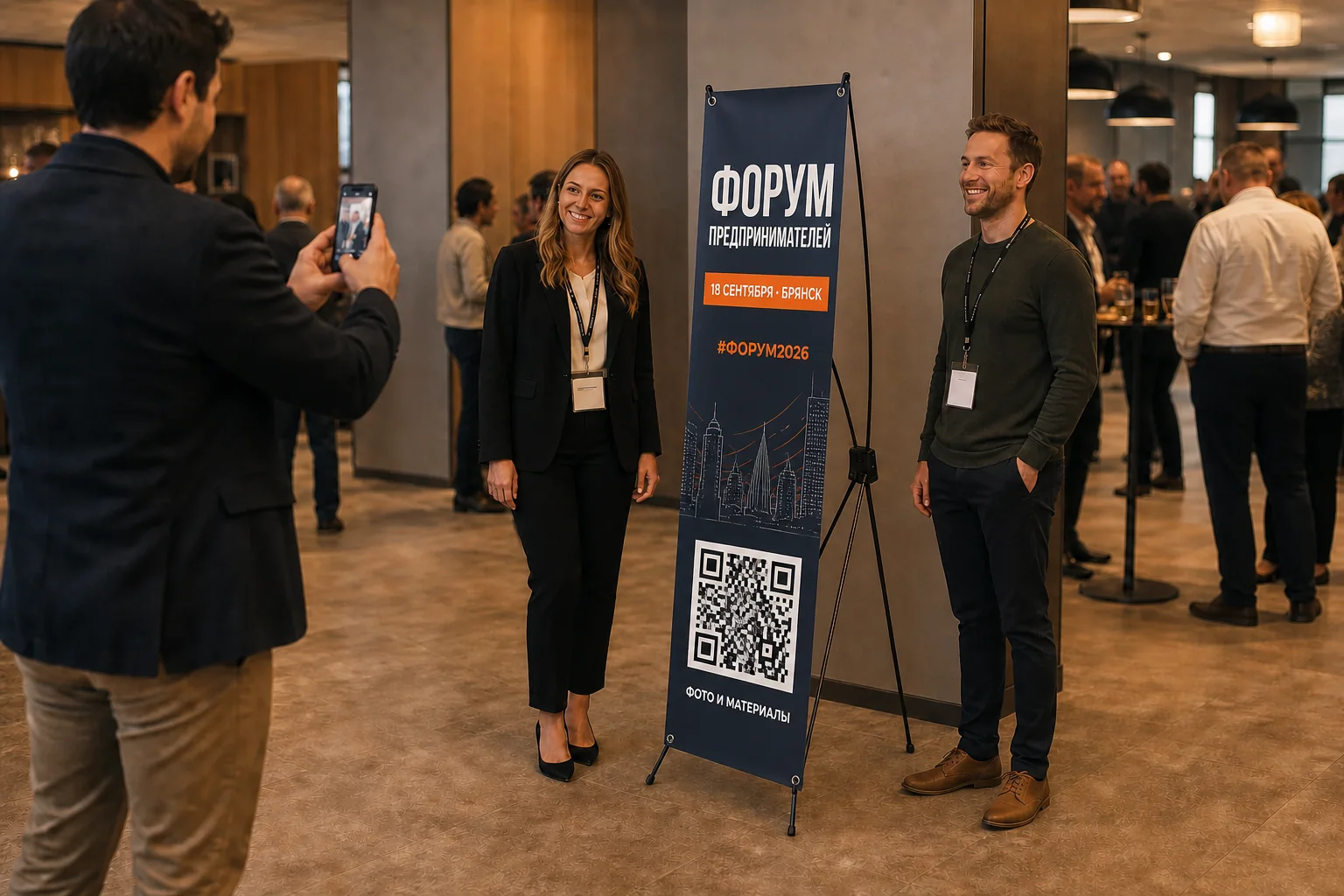 Участники фотографируются рядом со стендом паук с названием, датой и QR-кодом форума; для заказа в Орле