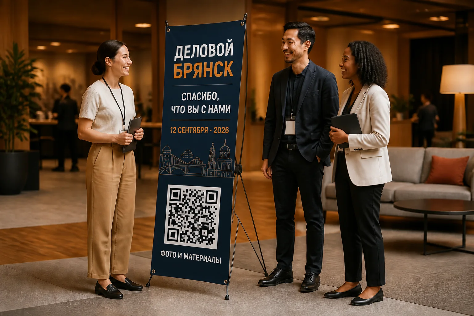 Гости делового мероприятия рядом со стендом паук с датой и QR-кодом для программы и материалов; для заказа в Орле