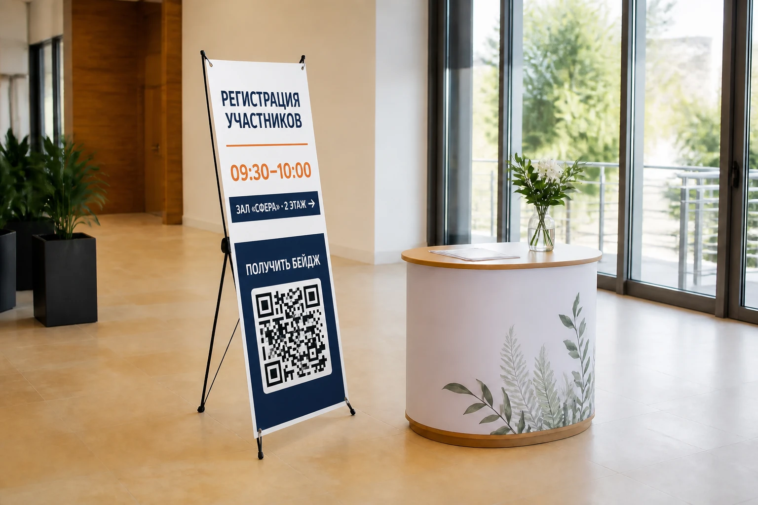 Фирменный стенд паук с программой и QR-кодом в зоне встречи участников; для заказа в Орле