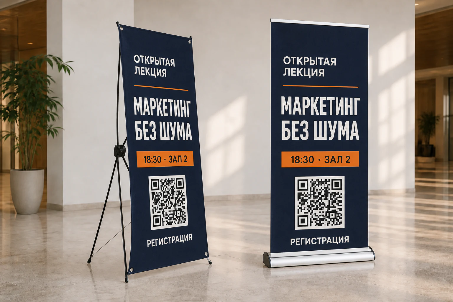 Стенд паук и Roll-up с одинаковым макетом делового мероприятия; для заказа в Орле