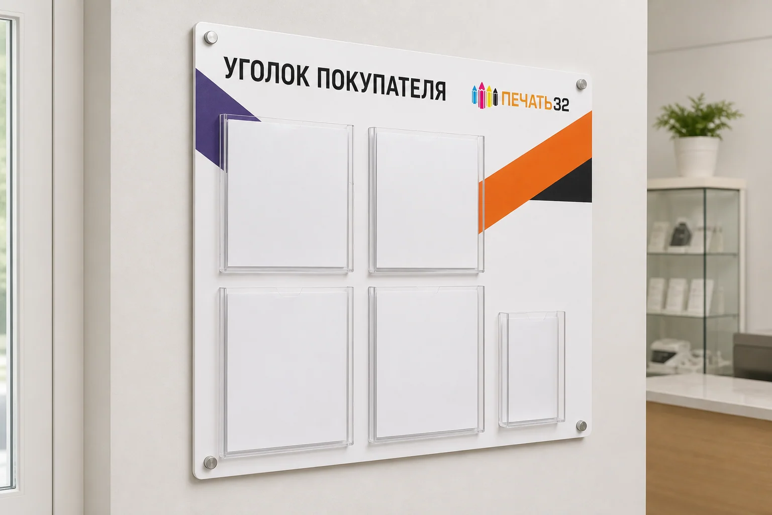 Уголок покупателя из ПВХ с прозрачными карманами; для заказа в Орле