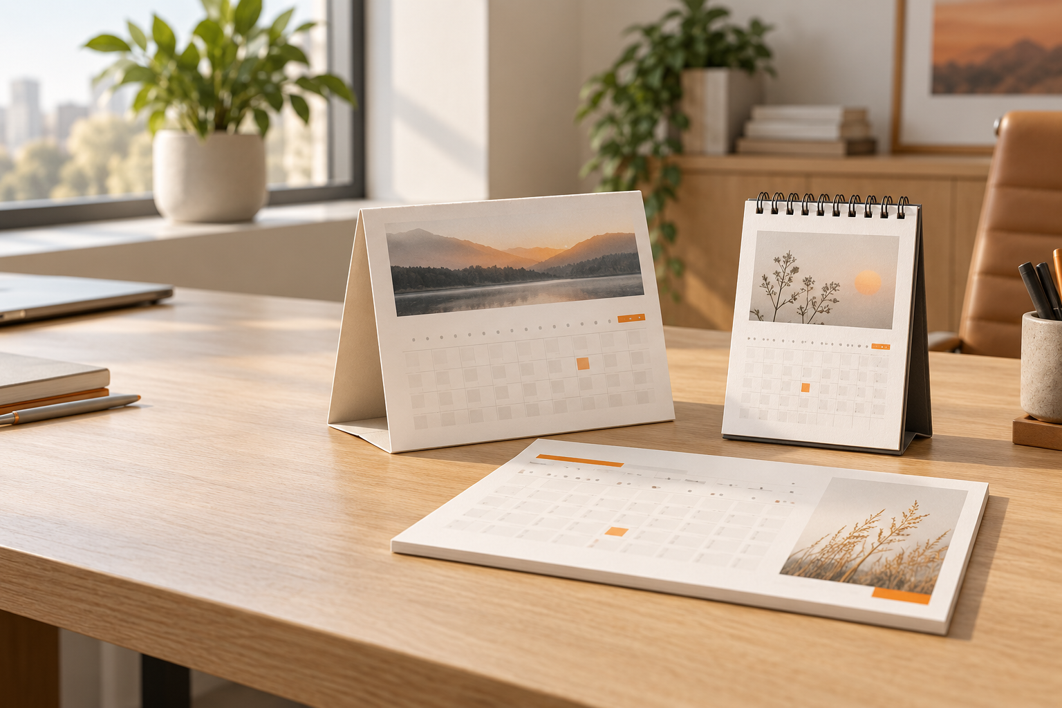 Полностью видимые календарь-домик, настольный перекидной календарь и планинг на офисном столе