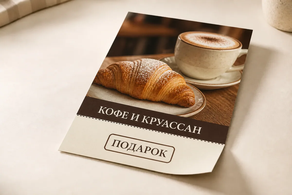 Листовка кафе формата A5 с профессиональной перфорацией и отрывным купоном; для заказа в Орле