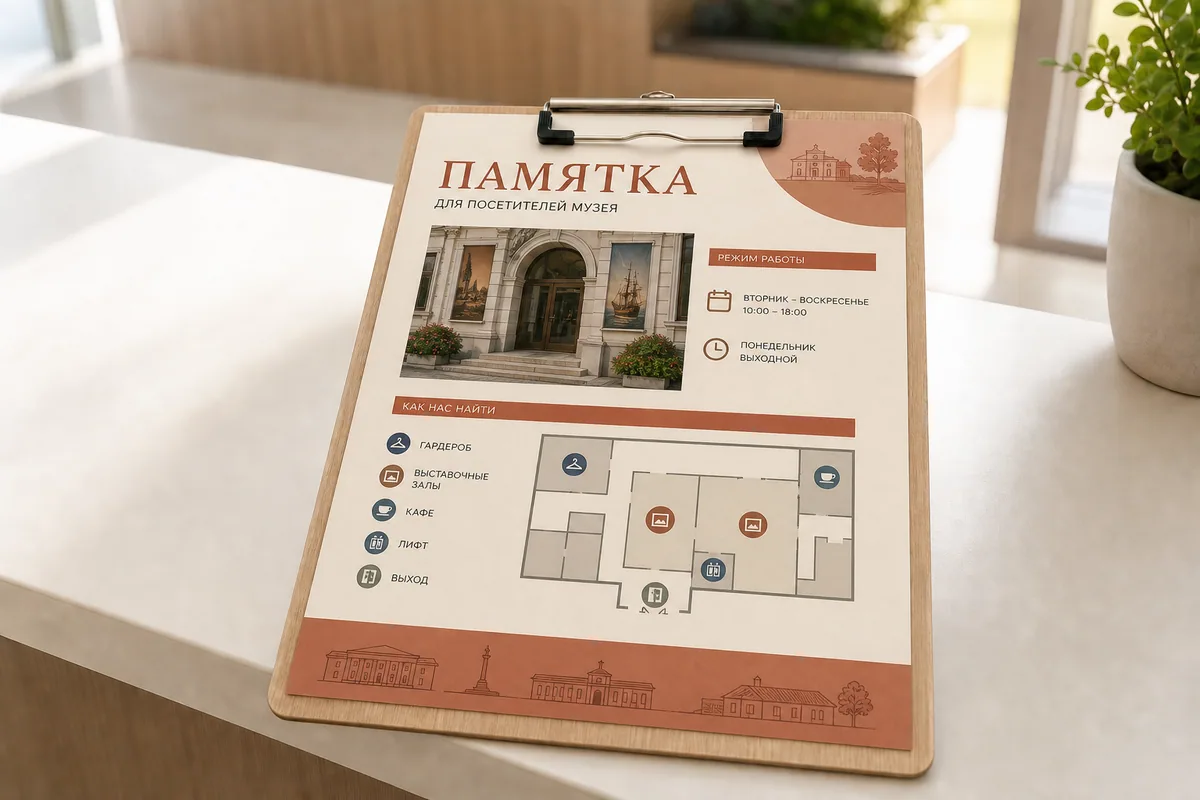 Памятка для посетителей музея формата A4 со схемой и режимом работы; для заказа в Орле